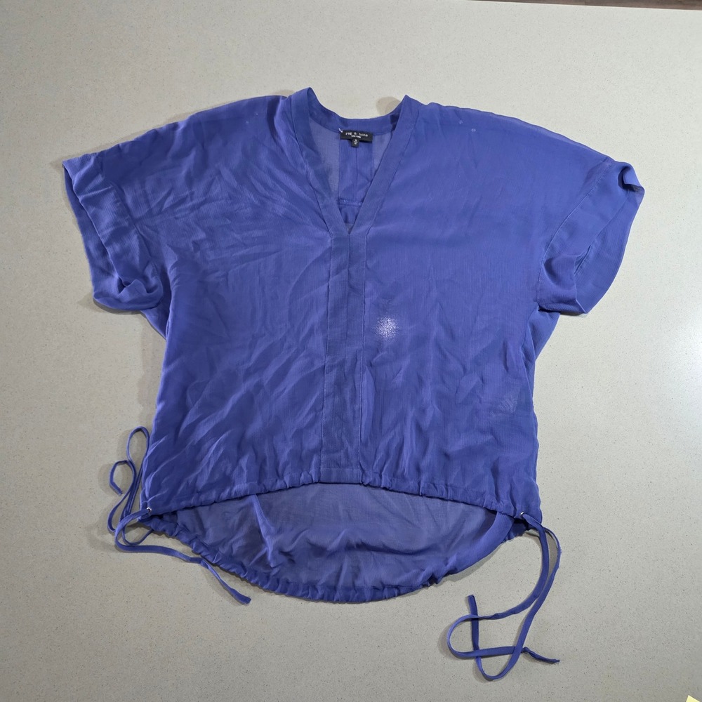 Rag & Bone New York Blue Chiffon V-Neck Drawstring High-Low Blouse Size M